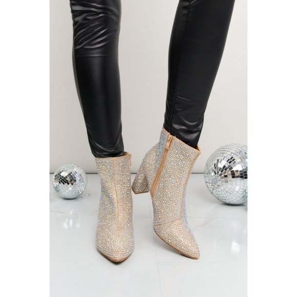 Rhinestone Pointed Toe Booties in Champagne - Picture 2 of 10